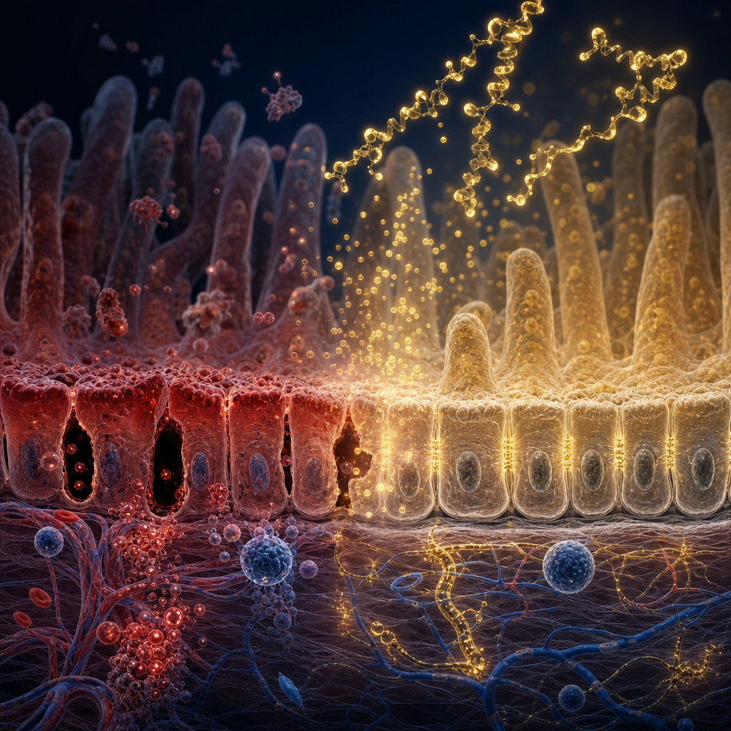 Ilustração científica mostrando intestino permeável sendo restaurado pelo peptídeo BPC-157