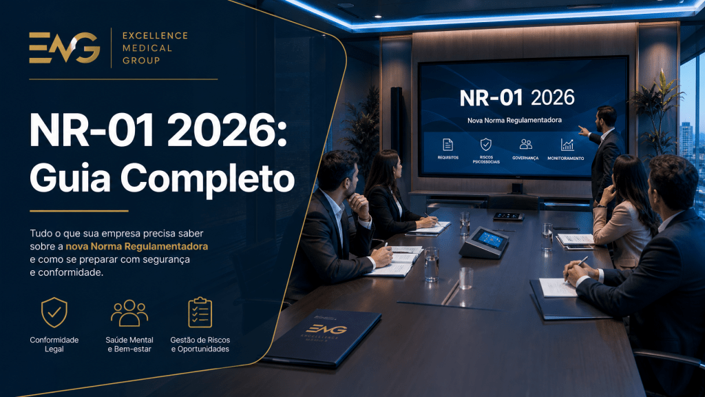 Executivos em reunião corporativa discutindo compliance NR-01 2026