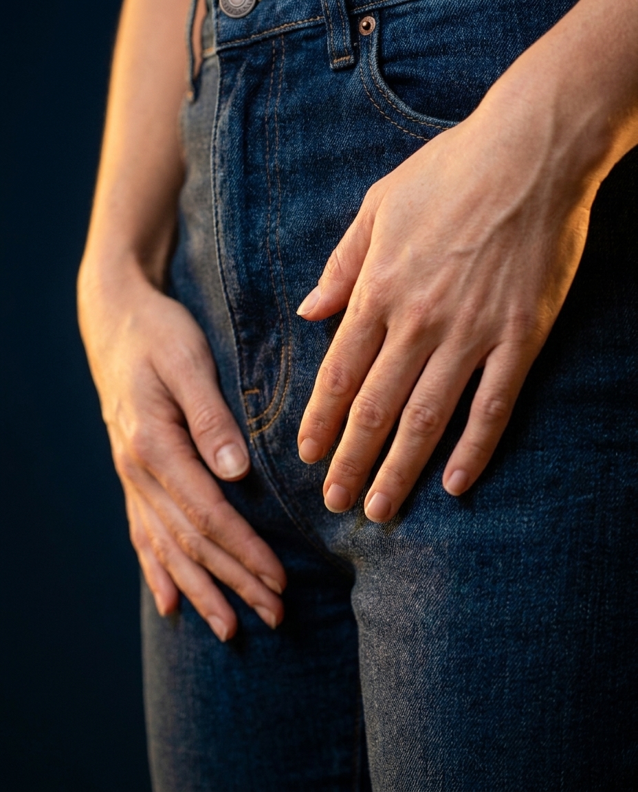 Mãos sobre calça jeans, representando a luta invisível do metabolismo no emagrecimento com GLP-1